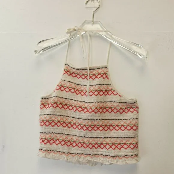 AE AMERICAN EAGLE OUTFITTERS Ivory White Crop Top MEDIUM Halter Smocked - Picture 3 of 9